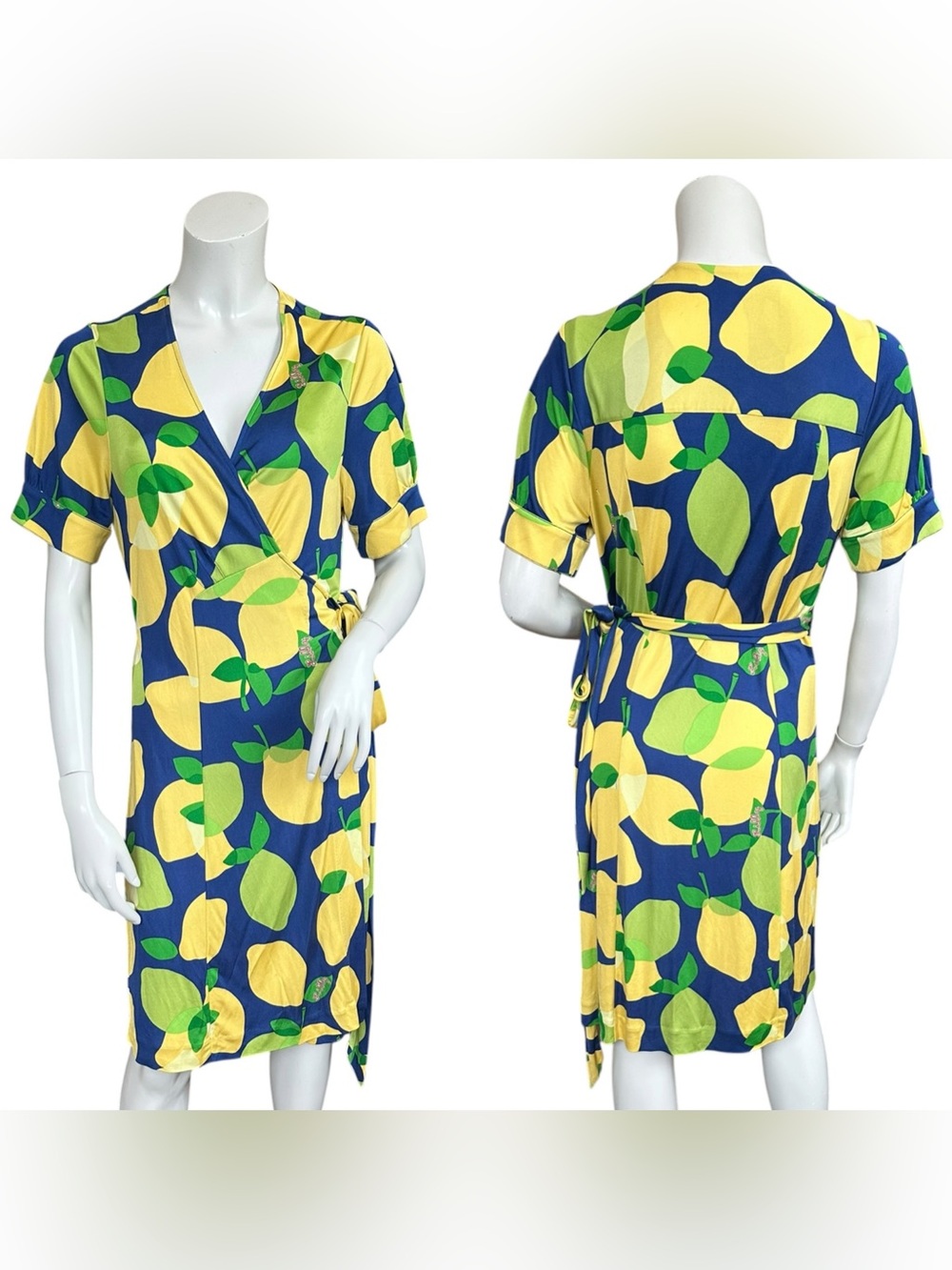 Lilly Pulitzer Blue Green Lime Lemon Citrus Short Sleeve Silk Wrap Dress 12